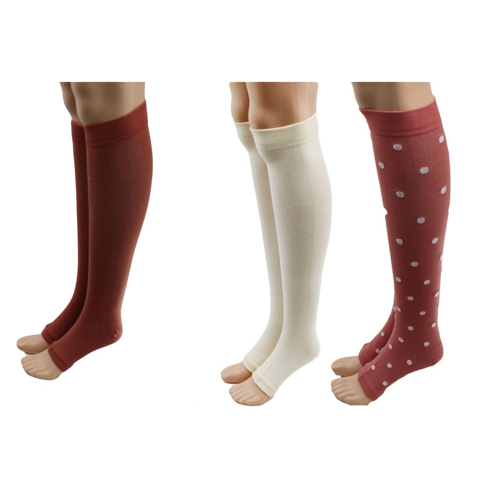 6 Pcs Open Toe Compression Socks Knee High Sleeves Rust Cream Polka Dot L/XL